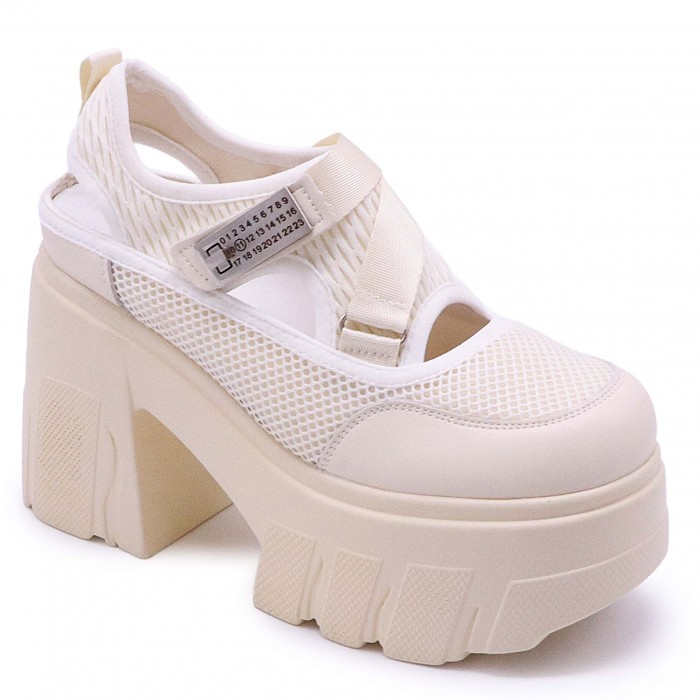 Pantofi de vară bej grunge cu toc și platformă - 49328