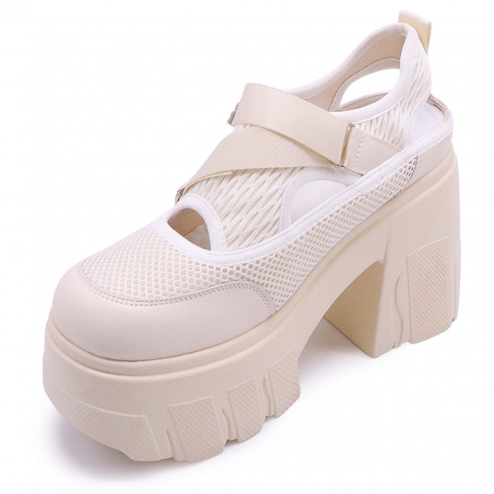 Pantofi de vară bej grunge cu toc și platformă - 49328