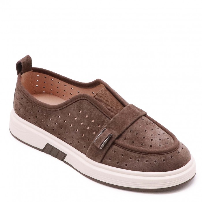 Pantofi maro din piele întoarsă naturală cu perforații - 49574