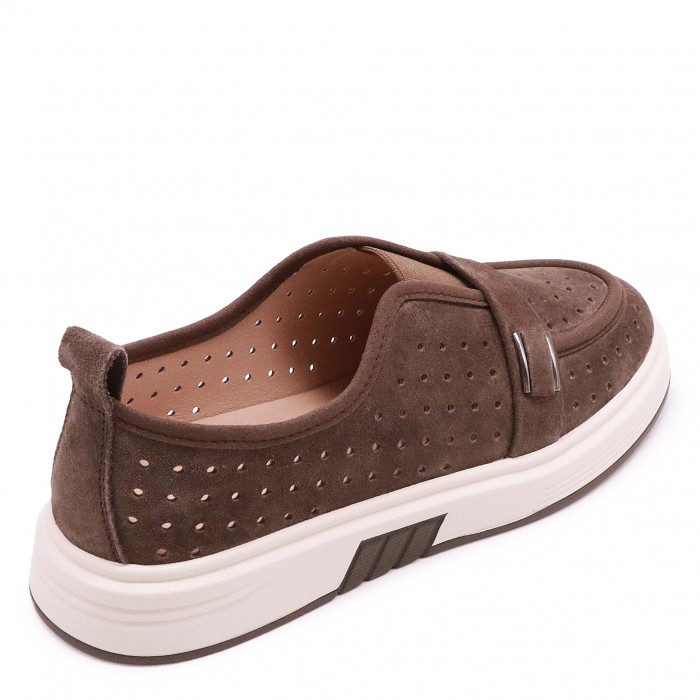 Pantofi maro din piele întoarsă naturală cu perforații - 49574