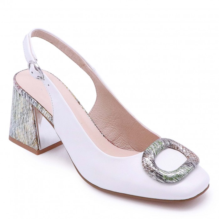 Pantofi albi, decupati la calcai, din piele naturală, cu imprimeu la modă – 49913 Pantofi albi, decupati la calcai, din piele naturală, cu imprimeu la modă – 49913
