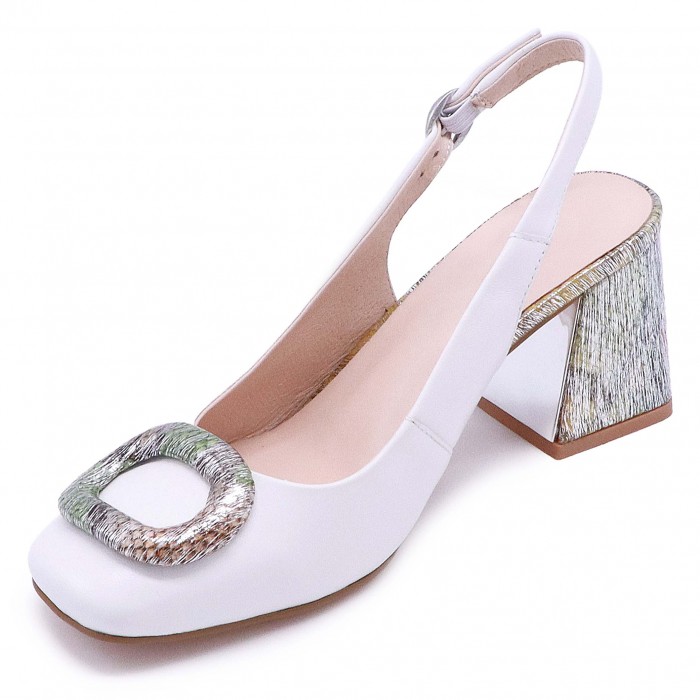Pantofi albi, decupati la calcai, din piele naturală, cu imprimeu la modă – 49913 Pantofi albi, decupati la calcai, din piele naturală, cu imprimeu la modă – 49913