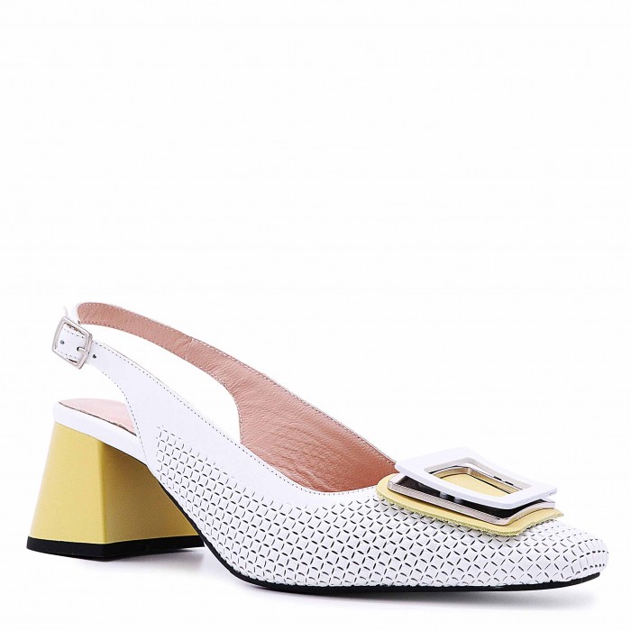 Sandale albe de damă din piele naturală cu toc galben– 50390