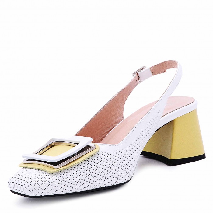 Sandale albe de damă din piele naturală cu toc galben– 50390