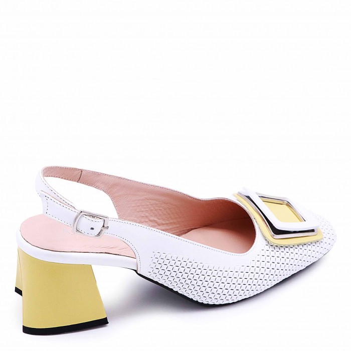 Sandale albe de damă din piele naturală cu toc galben– 50390