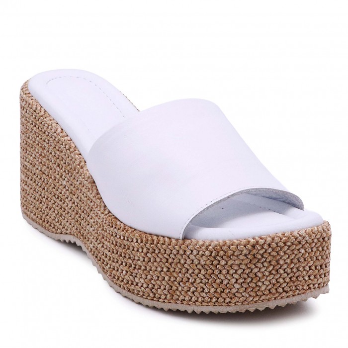 Papuci albi din piele naturală cu platformă ușoară – 50400