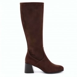 Cizme elastice pentru femei din piele întoarsă maro cu toc– 50665
