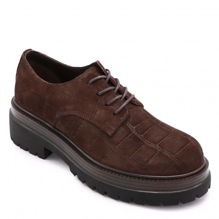 Pantofi de damă din piele întoarsă maro cu efect de croco- 50700