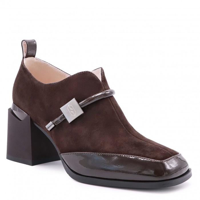 Pantofi de toamnă maro închis, din piele întoarsă naturală și piele lăcuită– 51089