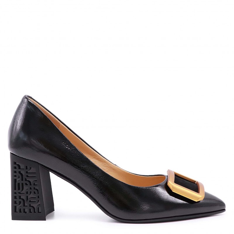 Pantofi de damă din piele naturală lăcuită, cu toc și cataramă la modă - 51215